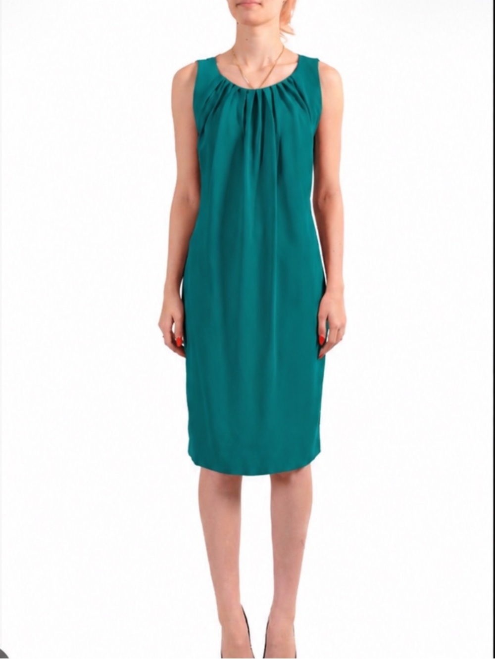 GIANNI VERSACE COLLECTION Teal Green Sheath Dress Front Pleated Tucks Size 44